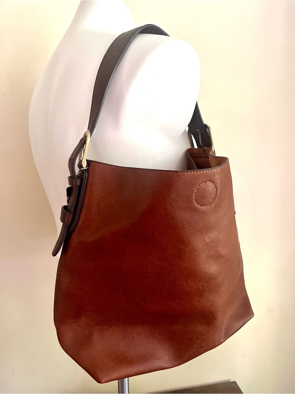 Hobo bag Vegan Leather with attachable insert crossbody two tone Cognac